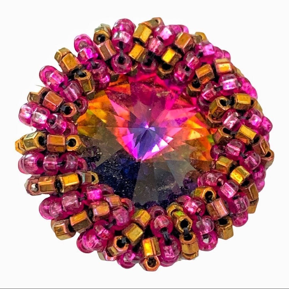 Swarovski watermelon rivoli artisan hand beaded hot pink gold pierced earrings